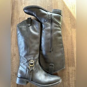 COPY - Eddie Bauer Leather Black tall riding boots - gold buckle detail zipper …